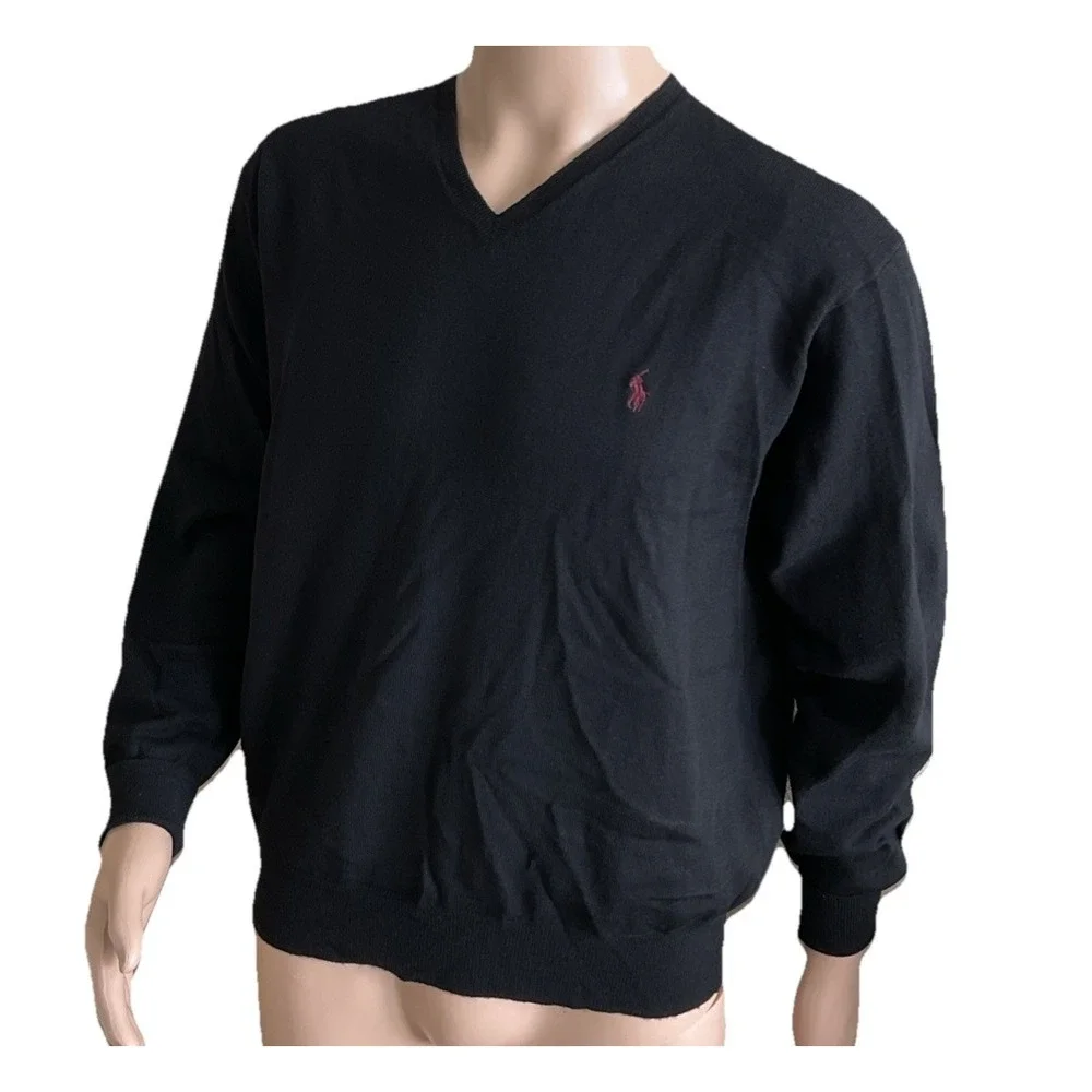 Vintage Polo Ralph Lauren Lambswool‎ V-Neck Sweater Mens XL Navy Blue Pony Knit